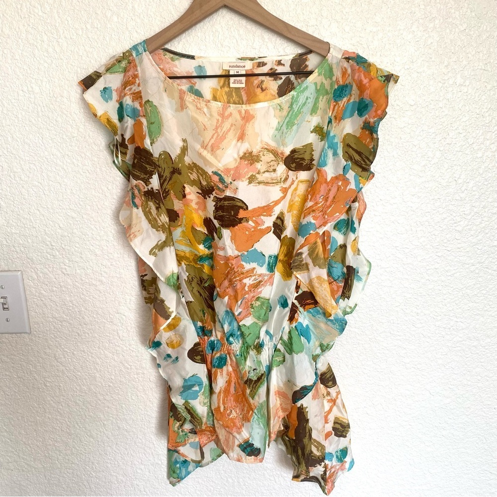 Sundance Women's Oasis Silk Watercolor Floral Boho Print Top Blouse Medium
